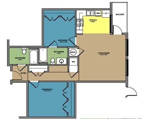 Floor plan for 2 beds, 2 baths, 926 sqft